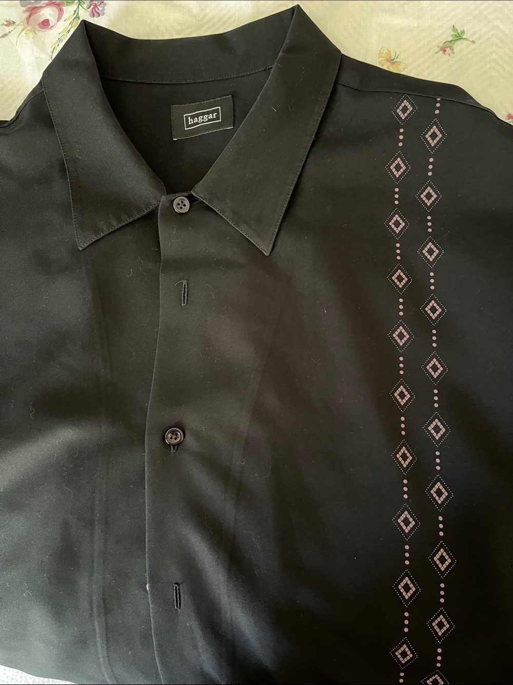 Haggar Black Short-Sleeve Button-Down Shirt with Diamond-Pattern Trim Size XL